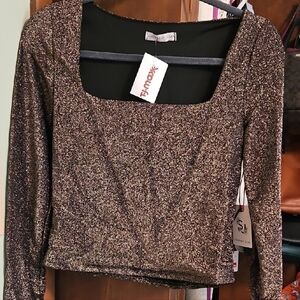 Sincerely Jules Bronze Metallic Square-Neck Long-Sleeve Crop Top